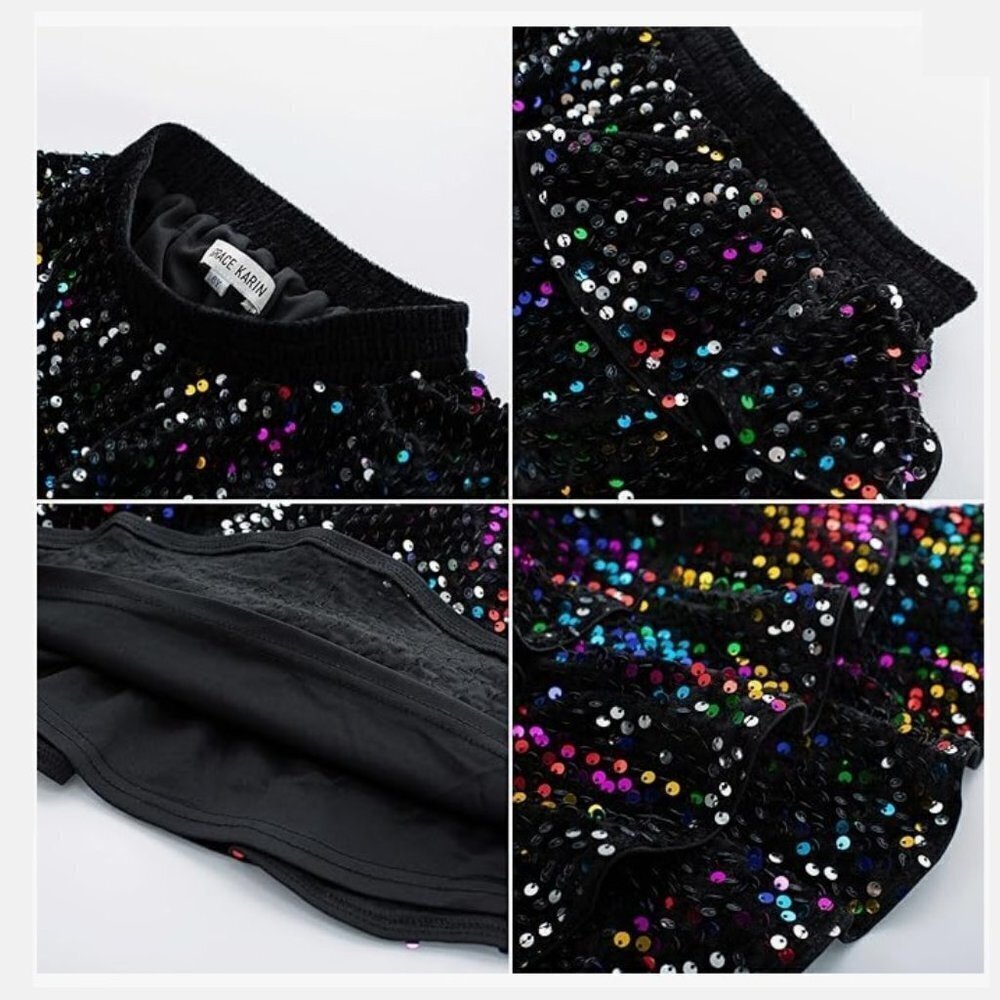 GRACE KARIN Girls Sequin Skirt Girls Fashion Party Three Layer Ruffle Skirt - Picture 7 of 8